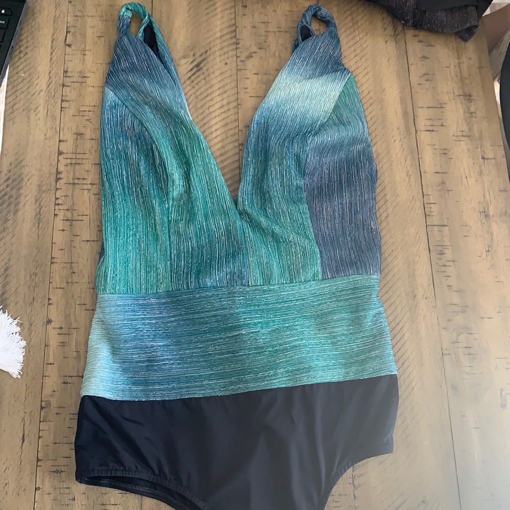 PatBo blue shimmer plunge body suit. NWT
